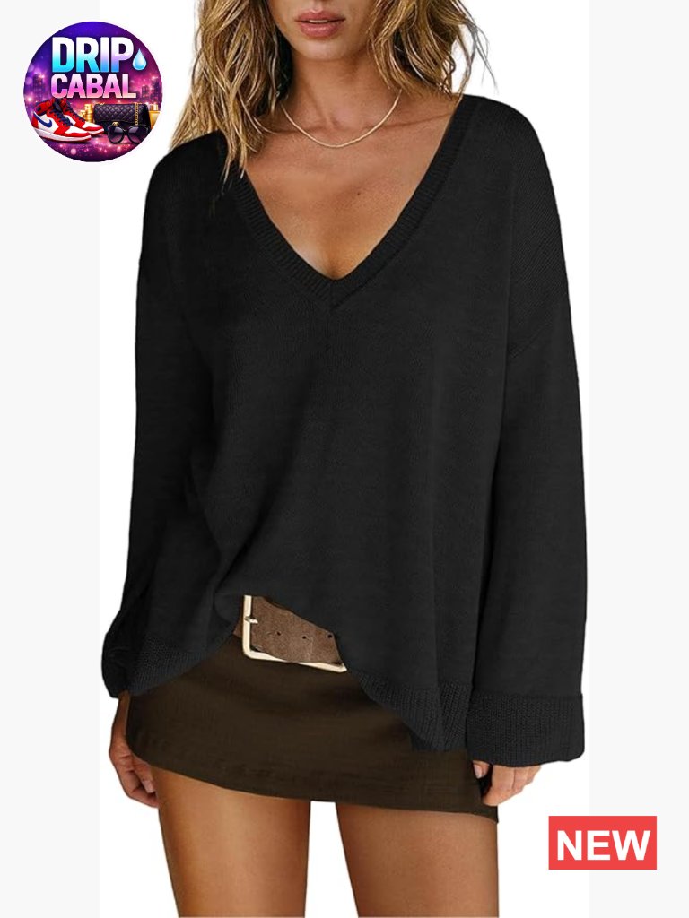 V Neck Oversized Sweater Pullover Lightweight Slouchy Long Sleeve Loose Fit